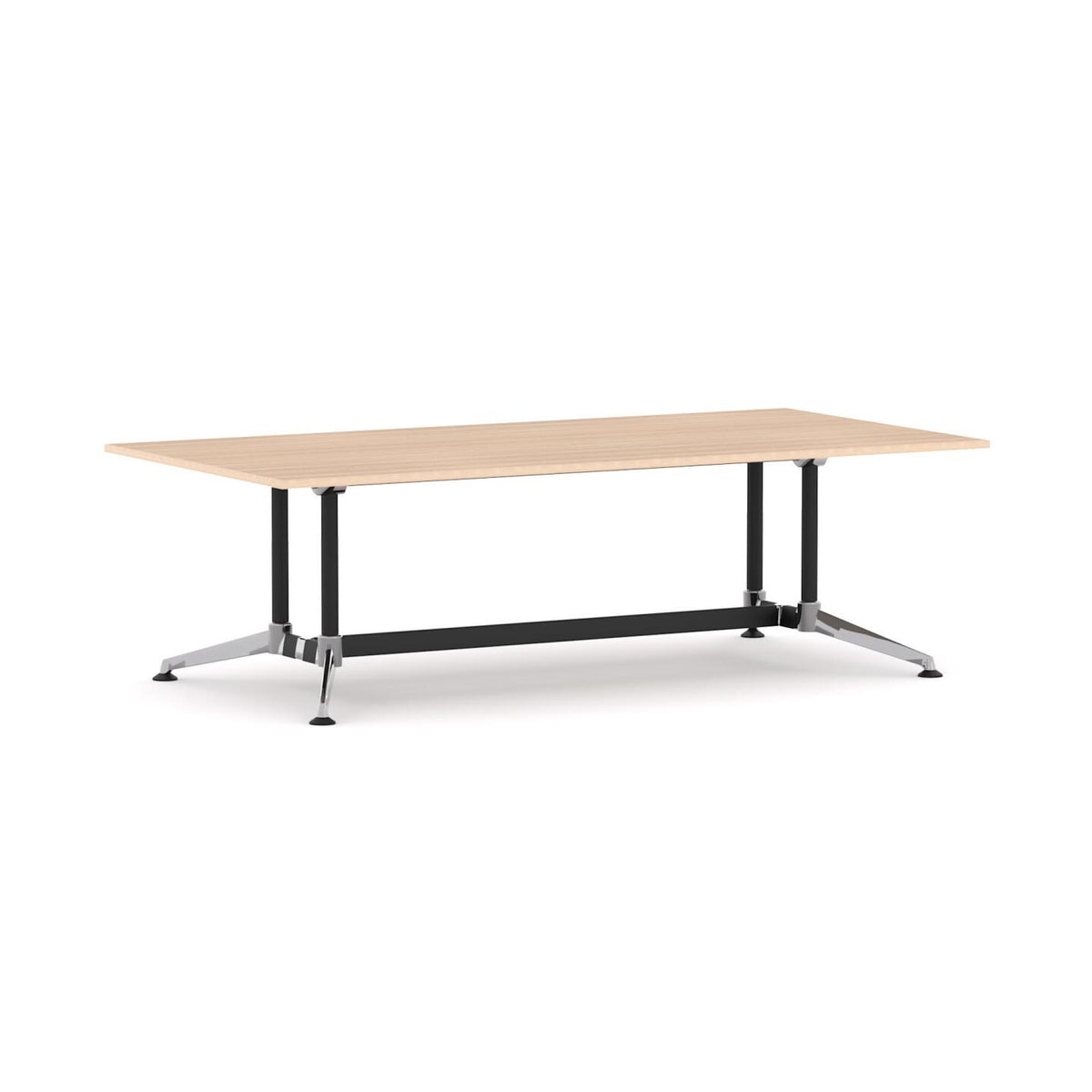 Modulus Boardroom Table Single Span, Twin Post — Black With Polished Alloy, New Oak Matte