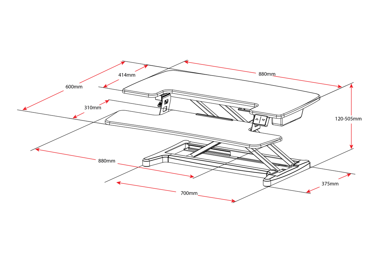 Rapid Flux Electric Desk Riser - dimensional drawing