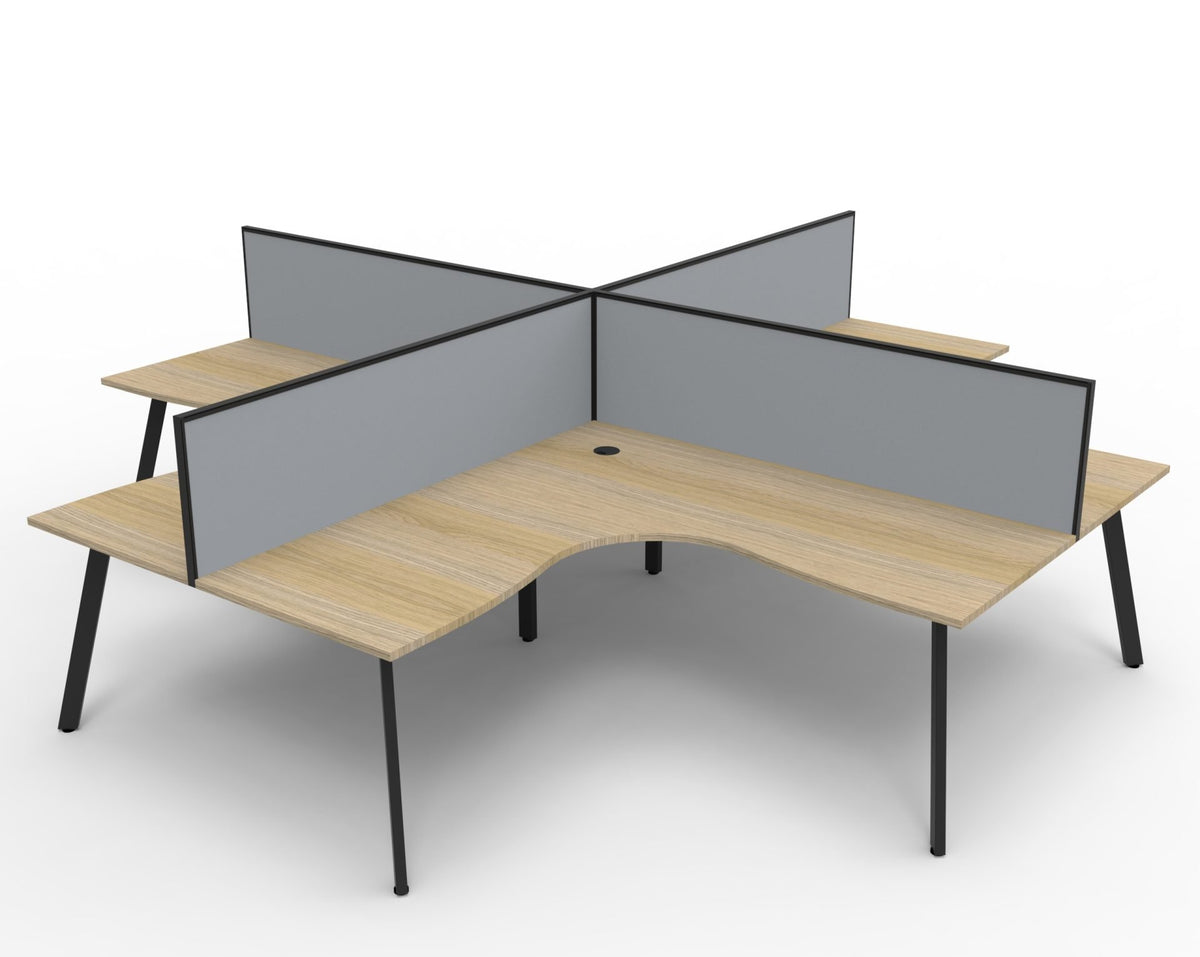 Eternity 4 Person Corner Workstation - Framed Screen - Natural Oak Top & Black Base