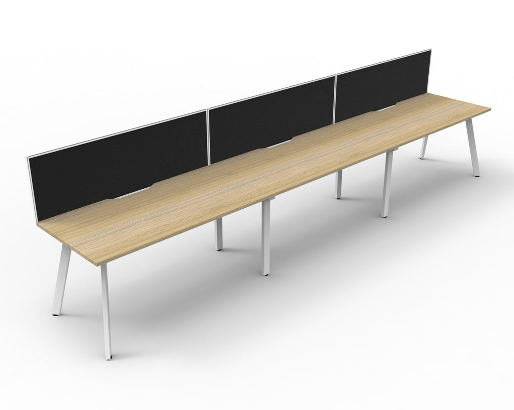 Eternity 3 Person Single Sided Workstation - Framed Screen - Natural Oak Top & White Base - Black Fabric