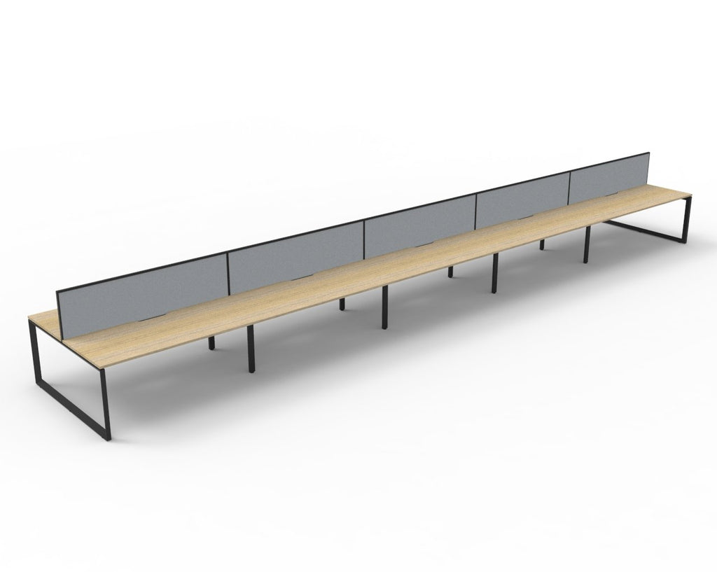 Infinity Loop Leg 10 Person Back To Back Workstation - Framed Screen - Natural Oak Top & Black Base - Grey Fabric
