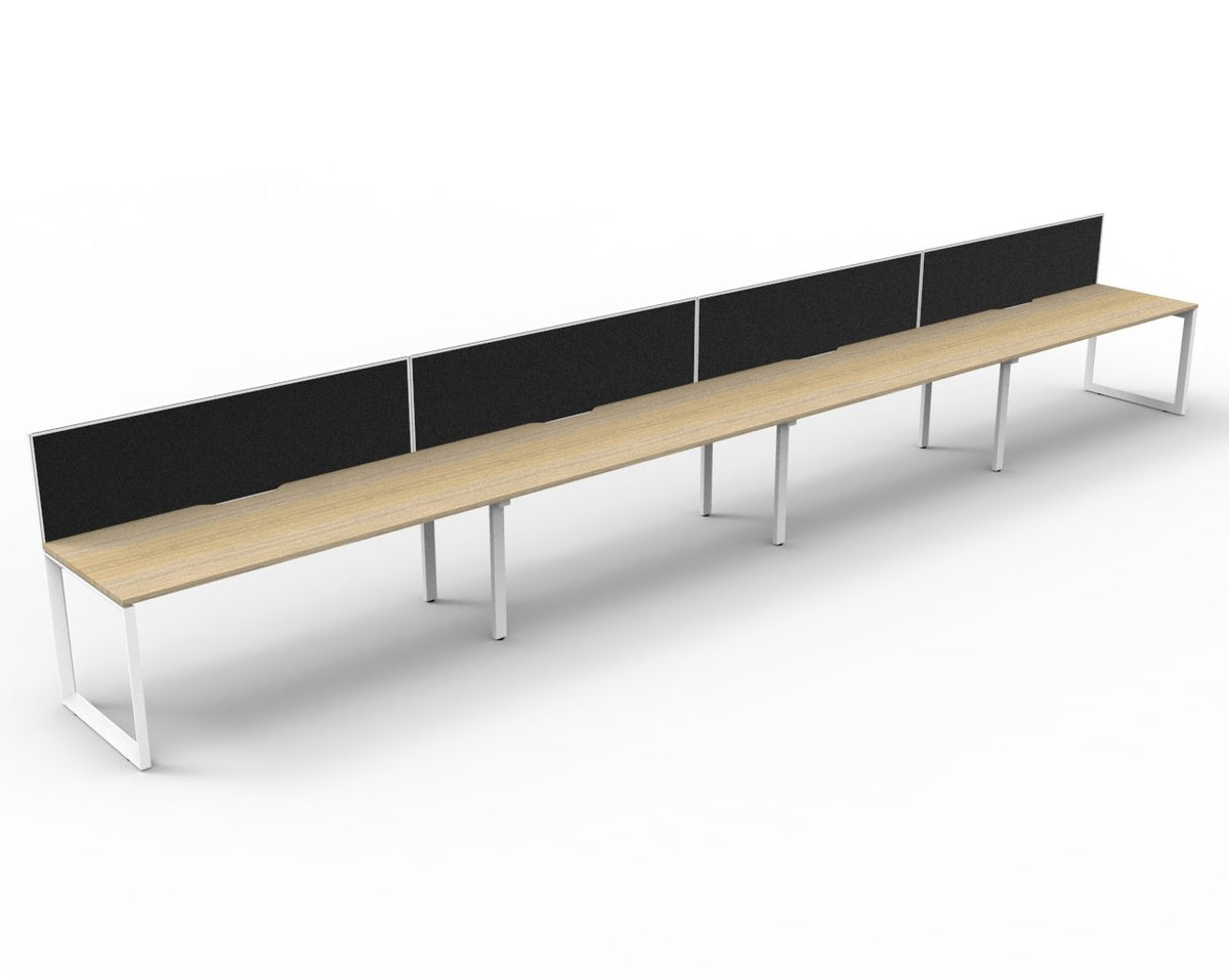 Infinity Loop Leg 4 Person Single Sided Workstation - Framed Screen - Natural Oak Top & White Base - Black Fabric
